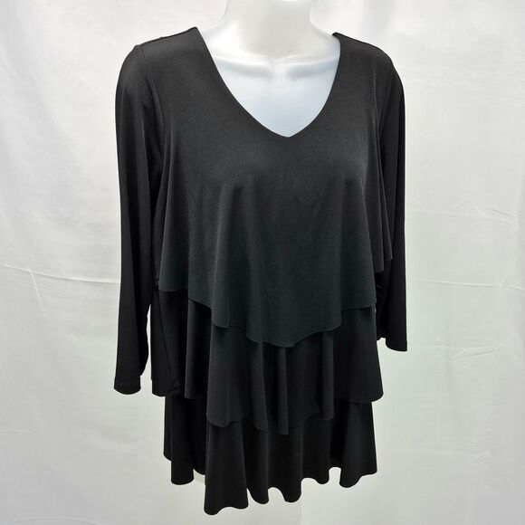 Susan Graver Tops - Susan Graver Top Women's Black Liquid Knit Tiered 3/4 Sleeve Scoop Neck Blouse S